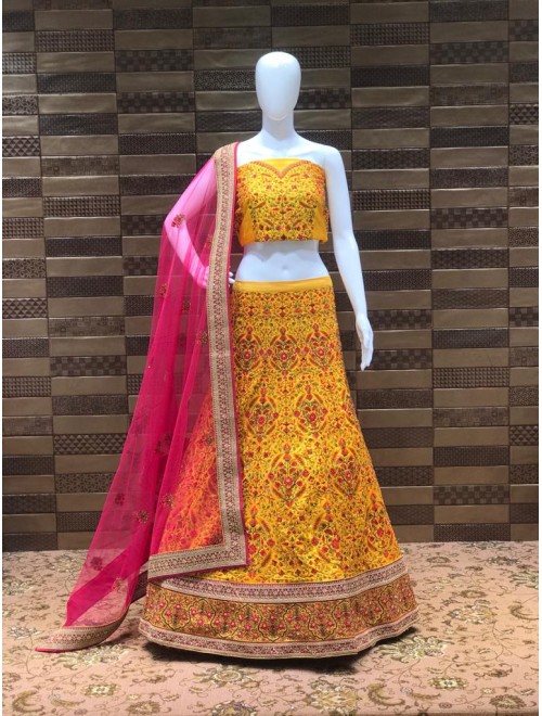 Magnetic Mustard Color Silk Designer Wedding Wear A Line Lehenga Chol